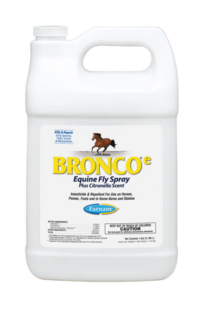 A white gallon-sized bottle of Broncoe Equine Fly Spray with a label featuring a horse and product information.