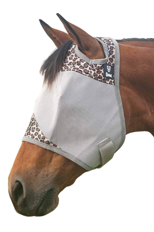 A gray horse fly mask covering the horse's eyes and head, with an open design at the front.