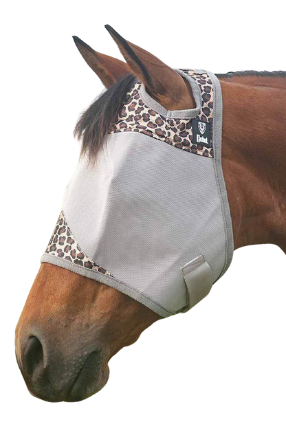 A gray horse fly mask covering the horse's eyes and head, with an open design at the front.