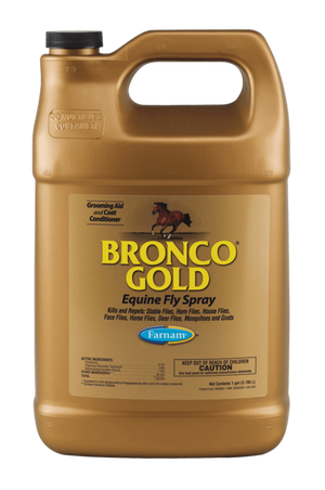 Bronco Gold Equine Fly Spray, one gallon size and one spray bottle size, both with labels showing images of horses.