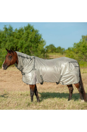 A white horse fly sheet with neck cover, featuring adjustable straps and leg straps, designed to protect the horse from insects and UV rays.