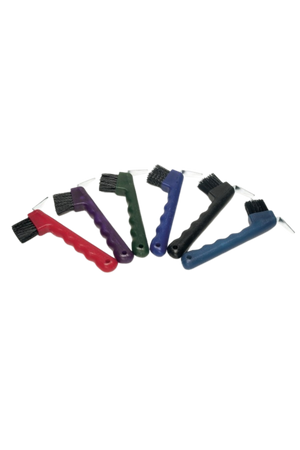 A collection of hoof pick brushes with ergonomic plastic handles and metal picks with stiff plastic bristles, displayed in a fanned arrangement with multiple colors.