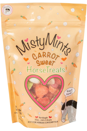 A package of MistyMints Horse Treats with a clear window showing the treats inside, in the shape of mint leaves, and a cartoon horse illustration on the front.