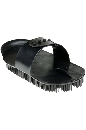 A black plastic curry comb with stiff bristles and an adjustable handle designed for grooming horses.