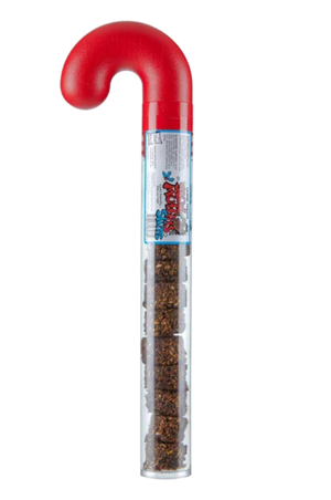 A clear tube with horse treats visible inside, topped with a red candy cane-like cap, labeled as Stud Muffins brand.