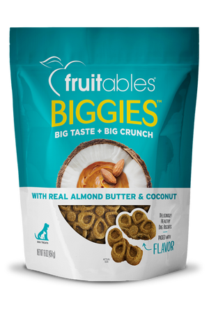 A package of Fruitables Biggies dog treats with a visible flower shape and ingredients like almond butter and coconut.