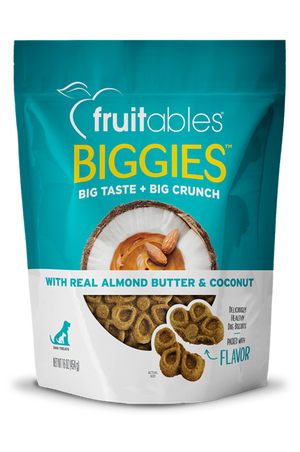 A package of Fruitables Biggies dog treats with a visible flower shape and ingredients like almond butter and coconut.