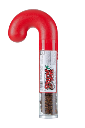 A candy cane-shaped tube containing horse treats, with a red and white color scheme.