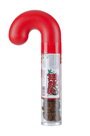 A candy cane-shaped tube containing horse treats, with a red and white color scheme.