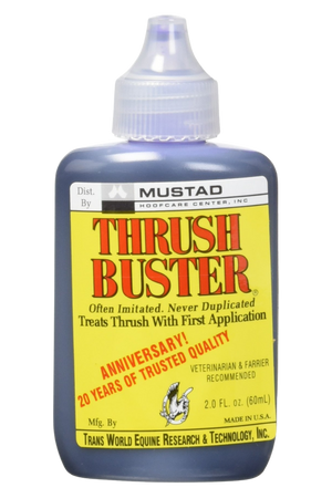 A bottle of THRUSH BUSTER horse care product with a pinpoint nozzle, yellow label with blue and black text, against a white background.