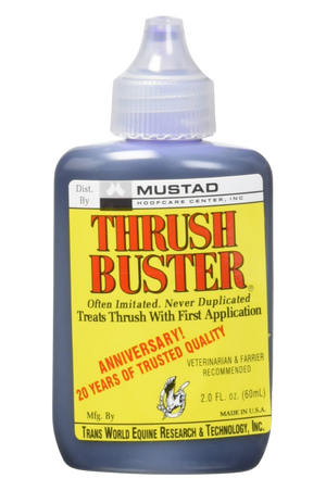 A bottle of THRUSH BUSTER horse care product with a pinpoint nozzle, yellow label with blue and black text, against a white background.