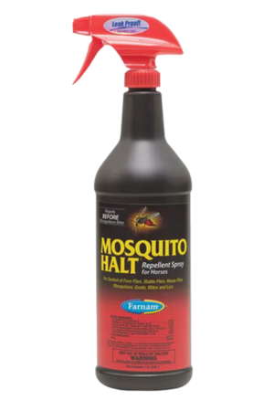 A black spray bottle labeled 'MOSQUITO HALT' with red and yellow text, indicating it is a insect repellent for horses.