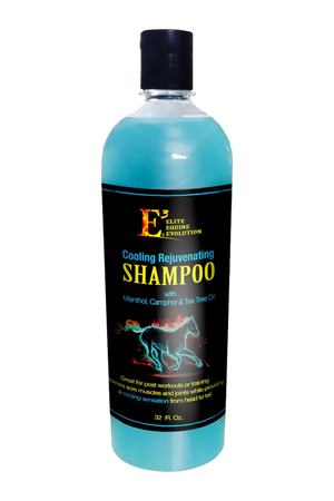 A bottle of E3 Cooling Rejuvenating Shampoo with blue liquid visible through the transparent packaging, labeled for relieving sore muscles and joints.