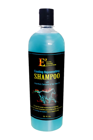 A bottle of E3 Cooling Rejuvenating Shampoo with blue liquid visible through the transparent packaging, labeled for relieving sore muscles and joints.