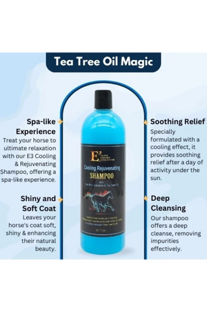 A bottle of E3 Cooling Rejuvenating Shampoo with blue liquid visible through the transparent packaging, labeled for relieving sore muscles and joints.