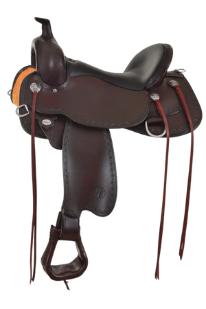 A brown Circle Y Alpine Flex 2 trail saddle with engraved stainless steel conchos and stainless steel hardware, featuring a cutout skirt shape and a 3-way adjustable in-skirt rigging.