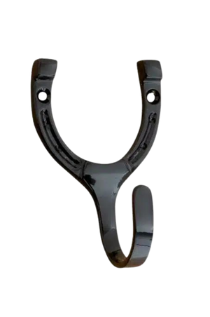 A black-colored horseshoe-shaped hook with slots for mounting.