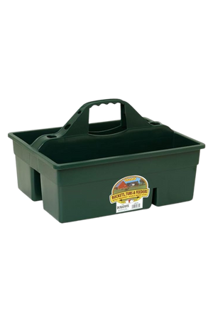 A large plastic tote box with multiple compartments and an easy-grip handle.