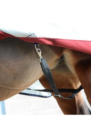 A pair of black elastic blanket leg straps with metal snaps on each end