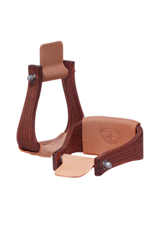 A pair of brown Nettles Chisholm stirrups, designed for use with a saddle, featuring a rustic finish and metal hardware.