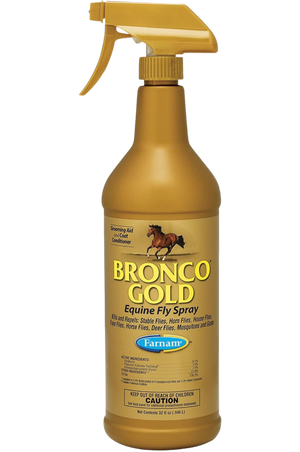 Bronco Gold Equine Fly Spray, one gallon size and one spray bottle size, both with labels showing images of horses.