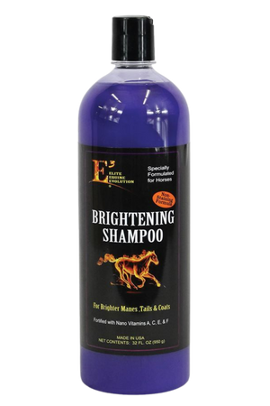 A purple bottle of E3 Brightening Shampoo for horses with a label featuring an image of a horse.