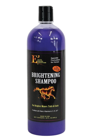 A purple bottle of E3 Brightening Shampoo for horses with a label featuring an image of a horse.