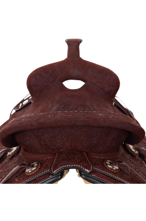 A brown Circle Y Burnett Flex2 Trail Saddle with detailed tooling and a classic ranchy look.