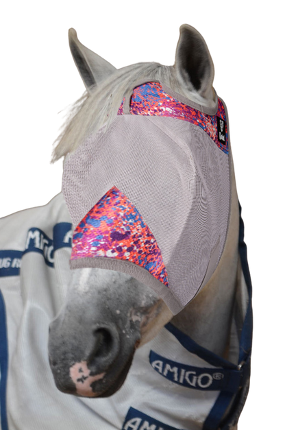 A gray horse fly mask covering the horse's eyes and head, with an open design at the front.