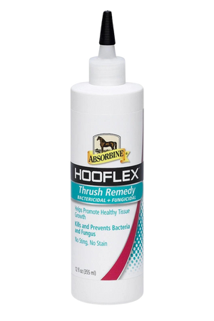 A 12oz squeeze bottle of ABSORBINE HOOFLEX Thrush Remedy for horses.