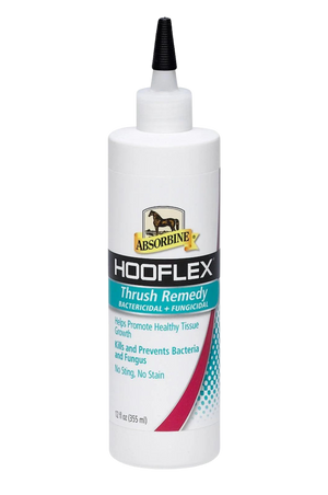 A 12oz squeeze bottle of ABSORBINE HOOFLEX Thrush Remedy for horses.
