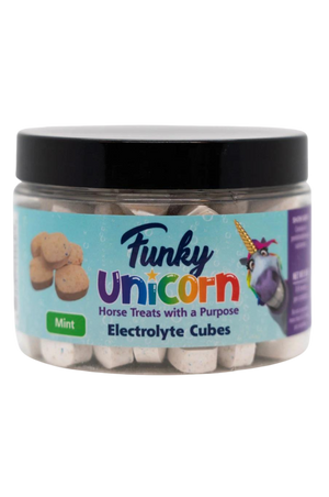 A container of Funky Unicorn electrolyte cubes with apple flavor, designed for horses.