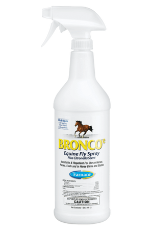 A white gallon-sized bottle of Broncoe Equine Fly Spray with a label featuring a horse and product information.