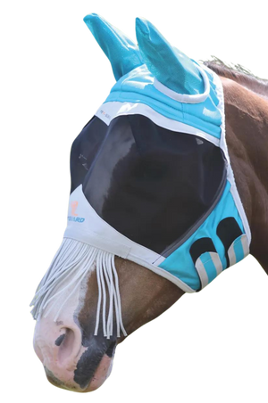 A horse wearing a black fine mesh fly mask with fringe and ear coverings.