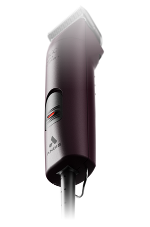 A professional Andis clipper with a purple and black color scheme, featuring a 2-speed setting and a locking switch button. The clipper includes a size 10 UltraEdge blade and has a maintenance-free design with a sealed motor.