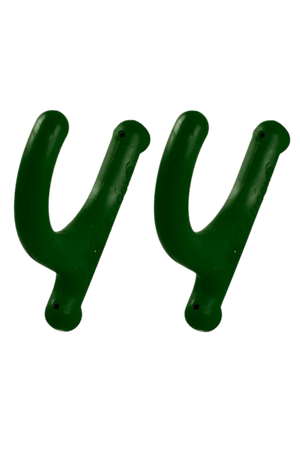 A pair of green Flex Hooks® designed for hanging items safely, capable of holding up to 5 pounds.