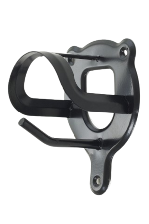 Wall-mounted black enamel bridle bracket with rein hook.