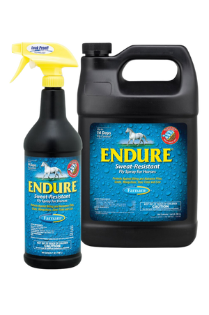 A black spray bottle labeled 'ENDURE' for use on horses, with a blue and green label detailing product information.