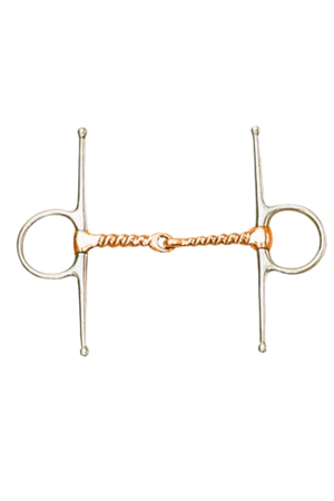 A silver-colored corkscrew-shaped equestrian bit with copper full cheek, made from stainless steel, designed for horse tack.
