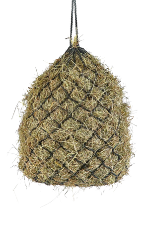 A black haylage net filled with hay.