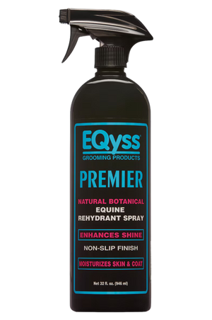 A black spray bottle with a label reading 'EQyss PREMIER REHYDRANT SPRAY' with additional text detailing the product's benefits for horse grooming.