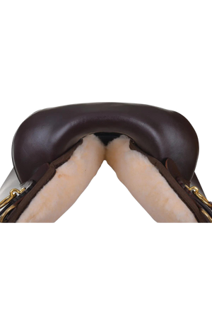 A brown Circle Y Julie Goodnight Wind River saddle with decorative tooling and a silver horn cap, designed for trail riding.