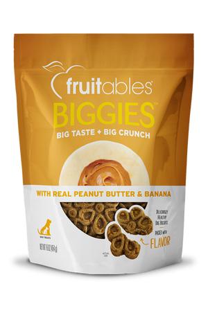 A package of Fruitables Biggies dog treats with a visible flower shape and ingredients like almond butter and coconut.
