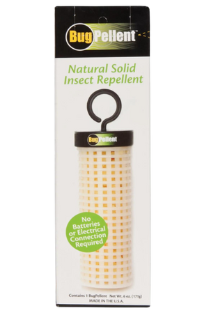 Packaging of Bug Pellent natural solid insect repellent, displaying the product and its features.