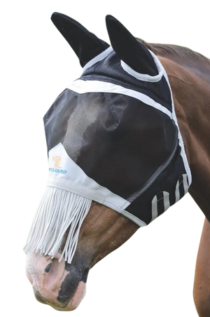 A horse wearing a black fine mesh fly mask with fringe and ear coverings.
