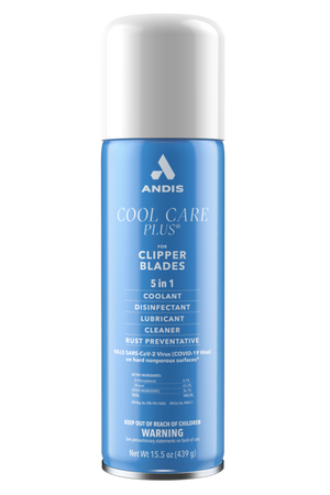 A can of Andis Cool Care Plus 5-in-1 coolant and lubricant for clipper blades.