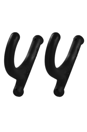 A pair of black Flex Hooks® designed for hanging items safely, capable of holding up to 5 pounds.
