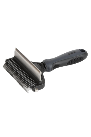 A black and silver EZI-GROOM tidy up comb with a stainless steel head and a ergonomic grip handle.
