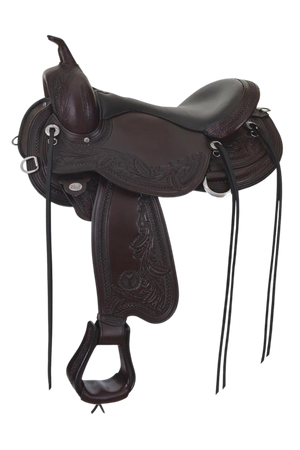 A brown Circle Y Julie Goodnight Wind River saddle with decorative tooling and a silver horn cap, designed for trail riding.