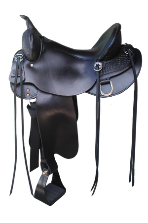 A black High Horse Sulphur River Trail Saddle with a tree structure, skirt, and stirrups, designed for trail riding.